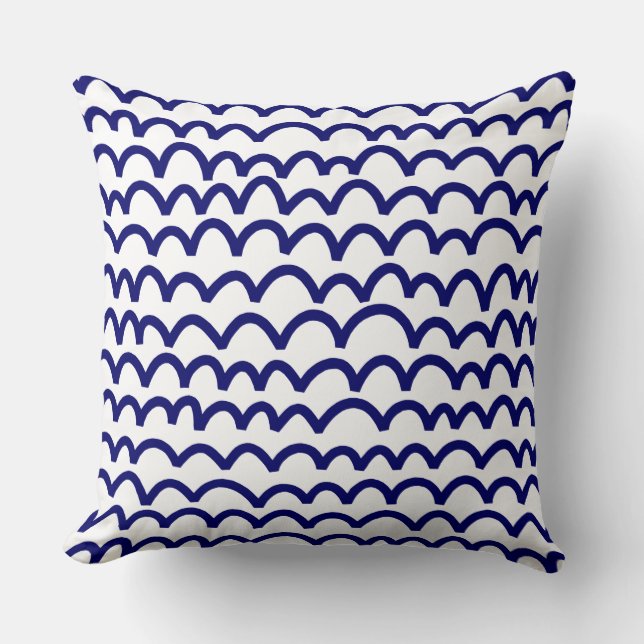 Wavy Pattern - Deep Navy Blue on White Cushion (Front)