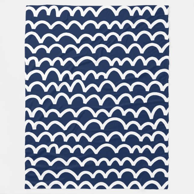 Wavy Pattern - White on Dark Blue Fleece Blanket (Front)