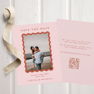Wavy Photo QR Code & Blush & Terracotta Wedding Save The Date