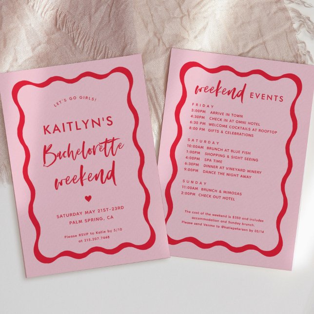 Wavy Pink and Red  Bachelorette Weekend Itinerary Invitation (Creator Uploaded)