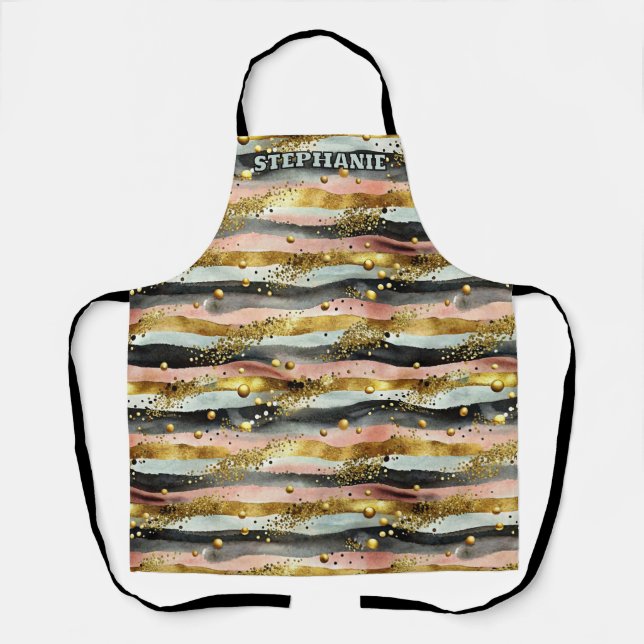 Wavy Pink & Black Stripes with Gold Glitter Apron (Front)