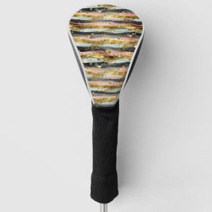 Wavy Pink & Black Stripes with Gold Glitter Golf Head Cover