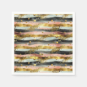 Wavy Pink & Black Stripes with Gold Glitter Napkin
