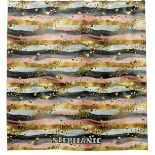 Wavy Pink & Black Stripes with Gold Glitter Shower Curtain