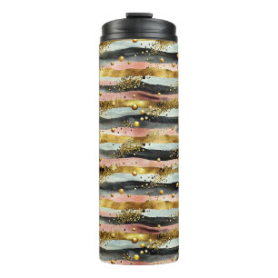 Wavy Pink & Black Stripes with Gold Glitter Thermal Tumbler