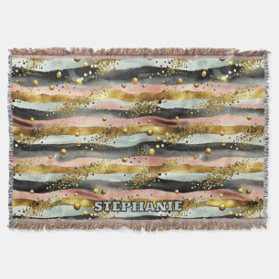 Wavy Pink & Black Stripes with Gold Glitter Throw Blanket