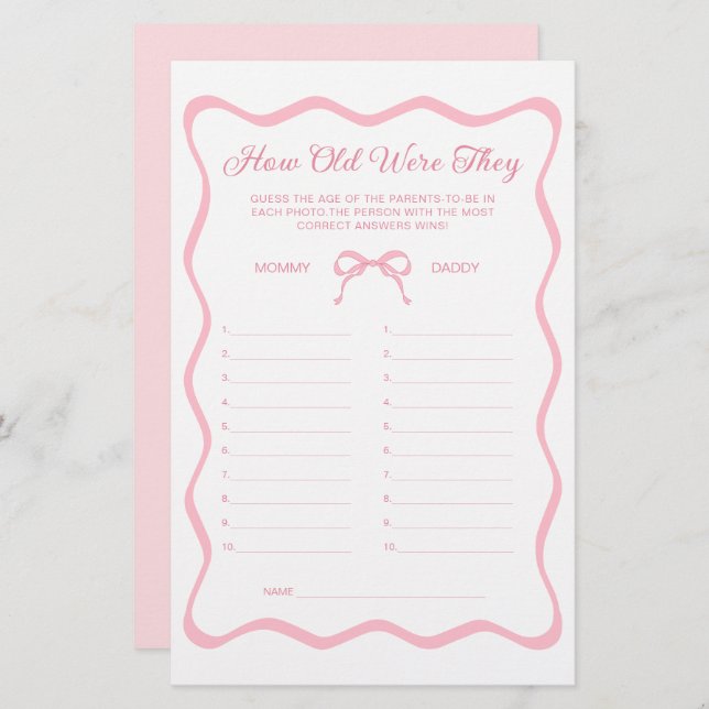 Wavy Pink Bow Baby Shower Guess The Age Game (Front/Back)