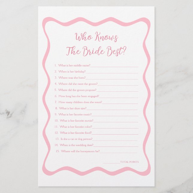 Wavy Pink Bridal Shower Game Who Knows Bride Best (Front)