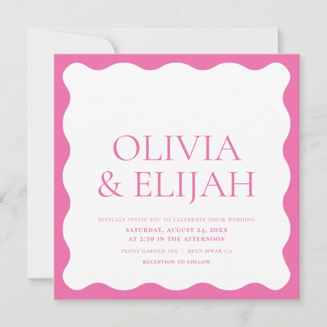 Wavy Pink Modern Typography Wedding Invitation (Front)