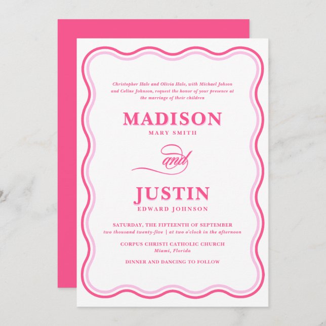 Wavy Pink Retro Squiggle Wedding Invitation (Front/Back)