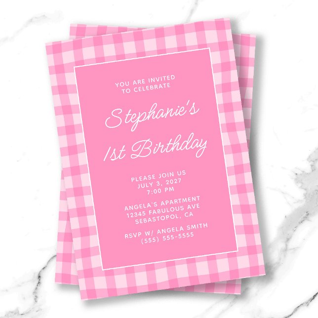 Wavy Pink Summer Gingham Bold 1st Birthday Invitation (Wavy Pink Summer Gingham Bold 1st Birthday Invitation)