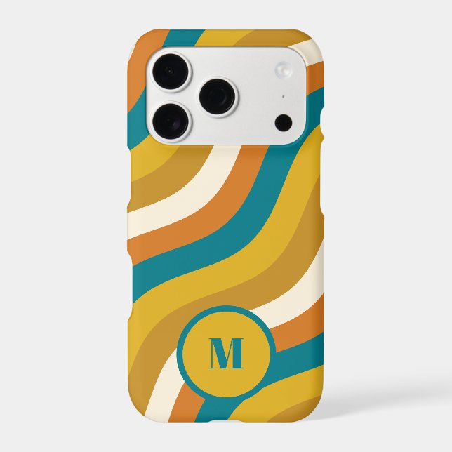 Wavy Pop Stripes Retro Pattern Teal Ochre Initial (Back)