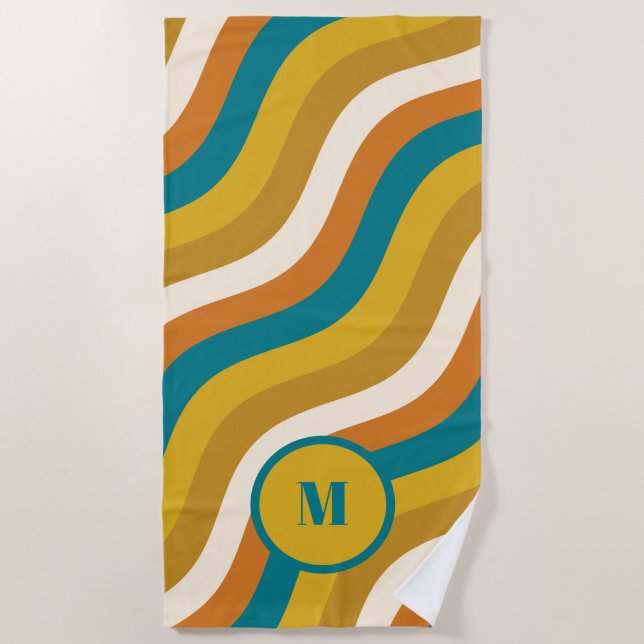 Wavy Pop Stripes Retro Pattern Teal Ochre Initial Beach Towel (Front)