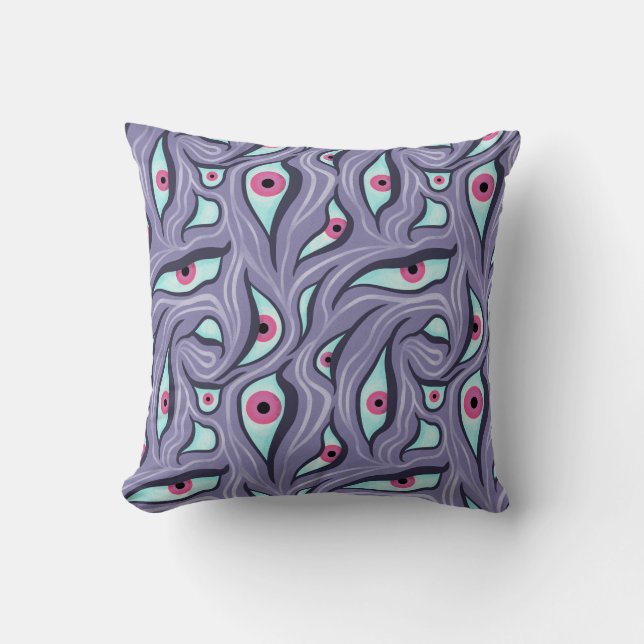 Wavy Psychedelic Horror - Purple Evil Eye Pattern Cushion (Front)