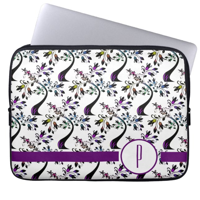 Wavy Rainbow Floral Tree Pattern Initial Monogram Laptop Sleeve (Front)