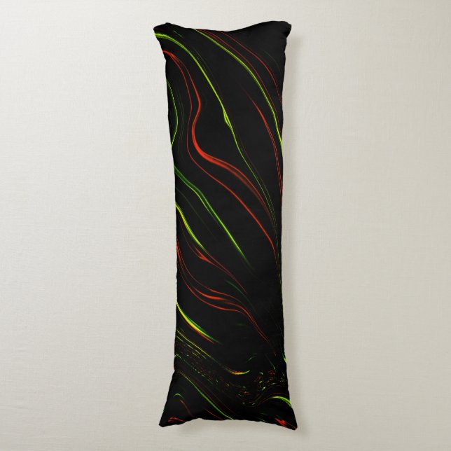 Wavy red and green long strokes, black background body cushion (Front Vertical)