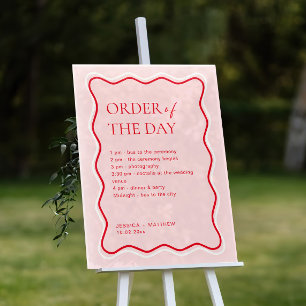 Wavy Red and Pink Wedding Order of the Day Acrylic Sign