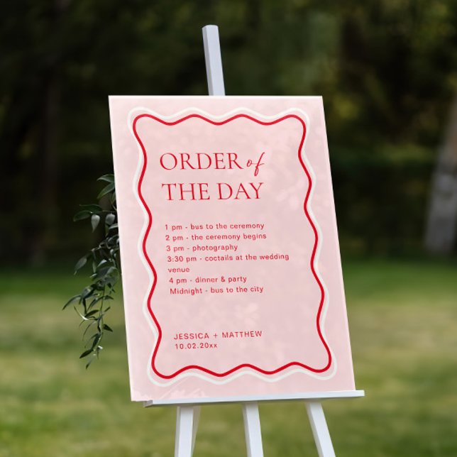 Wavy Red and Pink Wedding Order of the Day Acrylic Sign (Creator Uploaded)
