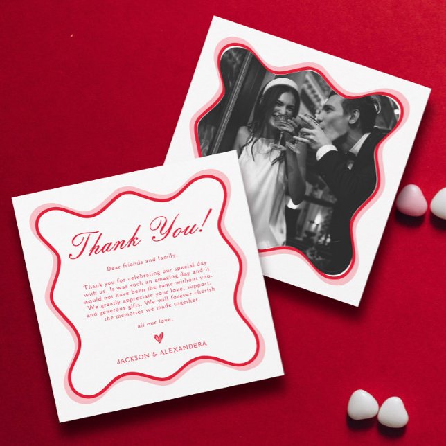 Wavy Red and White Colourful Funky Wedding Thank You Card (Creator Uploaded)