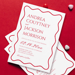 Wavy Red and White Valentines Wedding Invitation
