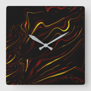 Wavy red gold long strokes on dark background square wall clock