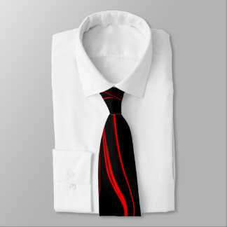 Wavy red long traces in black fund neck tie