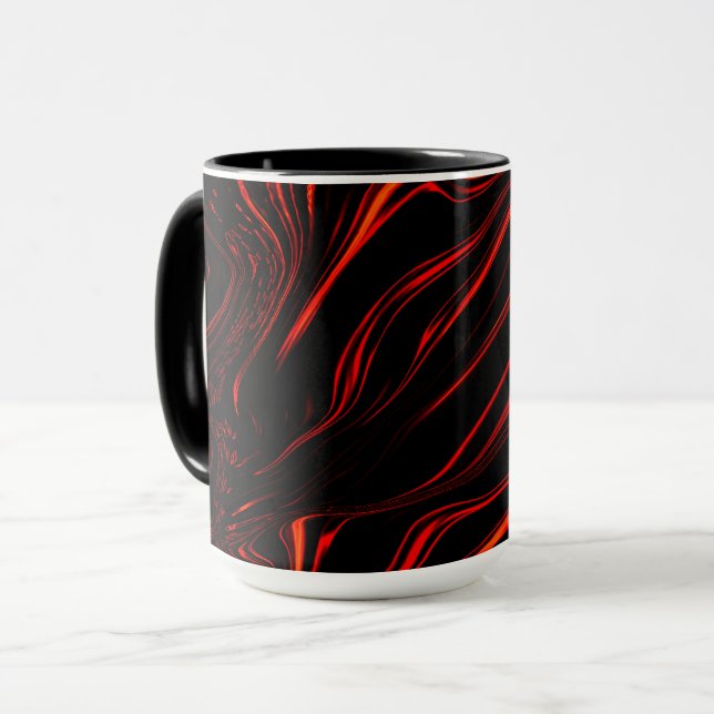 Wavy red long traces over black background mug (Front Left)