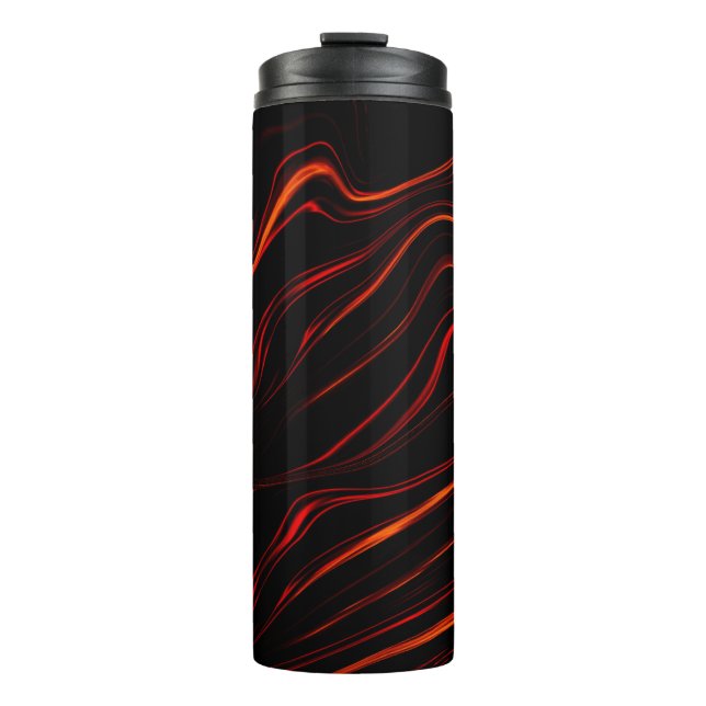 Wavy red long traces over black background thermal tumbler (Front)