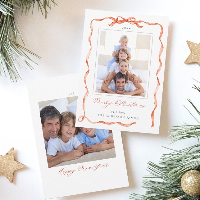 Wavy Red Ribbon Bow Frame 2 photo Christmas  Holiday Card (Front & Back)