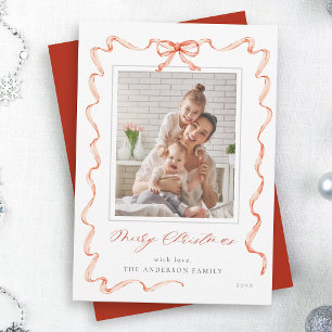 Wavy Red Ribbon Bow Frame photo Christmas  Holiday Card