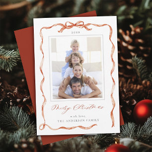Wavy Red Ribbon Bow Frame photo Christmas  Holiday Card