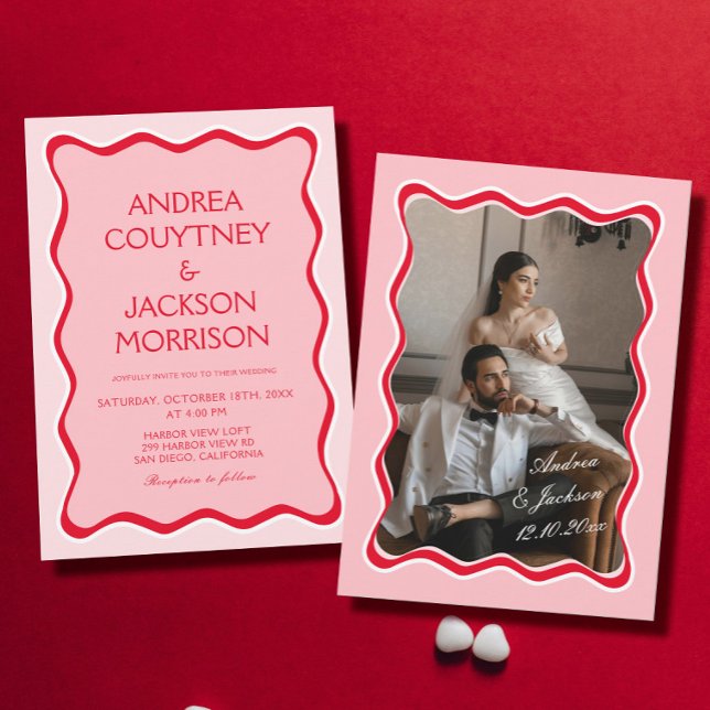 Wavy Retro Photo Red and Pink Wedding  Invitation (Creator Uploaded)