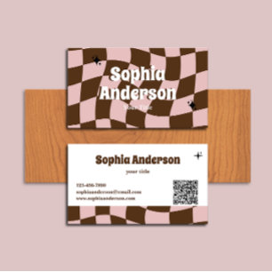 Wavy Retro Pink & Brown Chequered with QR Code     Business Card