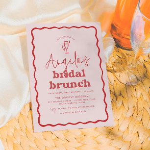 Wavy Retro Pink & Red Groovy Modern Bridal Brunch Invitation