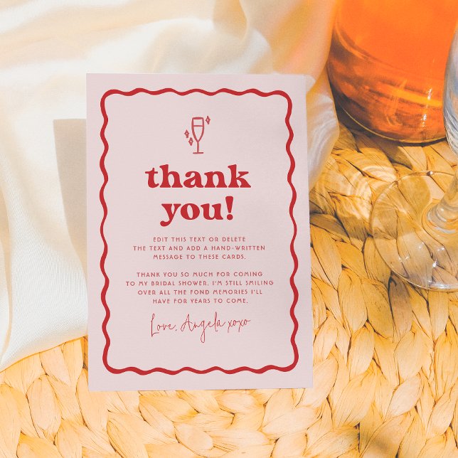 Wavy Retro Pink & Red Groovy Modern Bridal Brunch Thank You Card (Creator Uploaded)