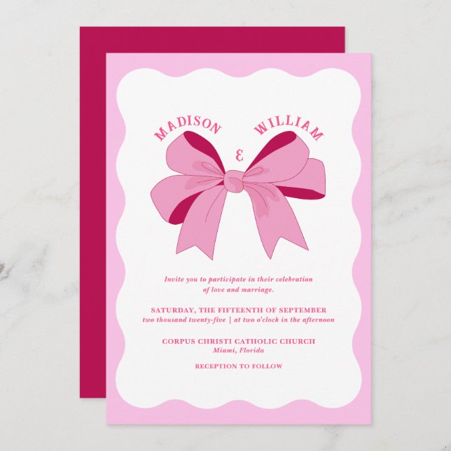 Wavy Retro Pink Wedding Invitation (Front/Back)
