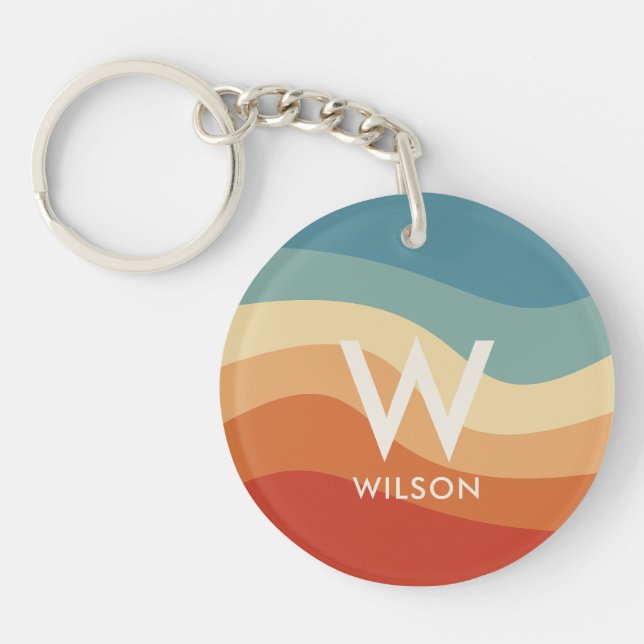Wavy Retro Striped Monogram Personal Key Ring (Front)