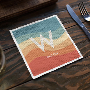 Wavy Retro Striped Monogram Personal Party Napkin