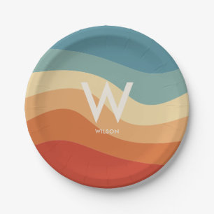 Wavy Retro Striped Monogram Personal Party Paper Plate