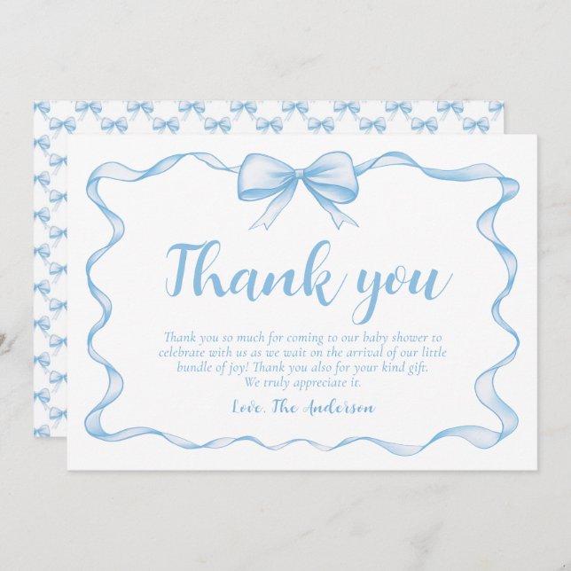 Wavy Ribbon Frame Dusty Blue Bow Baby Shower Invitation (Front/Back)