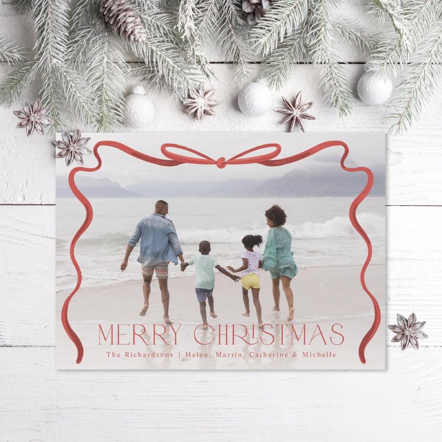Wavy Ribbon Red and White Christmas Photo Holiday Card (Creator Uploaded)