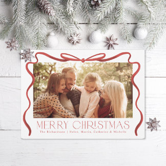 Wavy Ribbon Red and White Christmas Photo Holiday Card