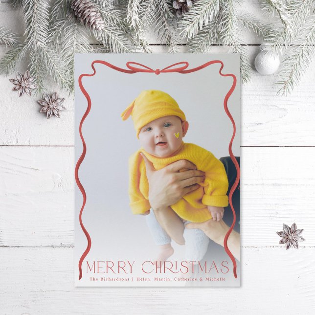 Wavy Ribbon Red and White Christmas Vertical Photo Holiday Card (Creator Uploaded)