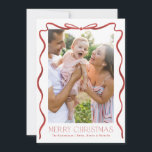 Wavy Ribbon Red and White Christmas Vertical Photo Holiday Card<br><div class="desc">Hand drawn ribbon around portrait photo with white frame</div>