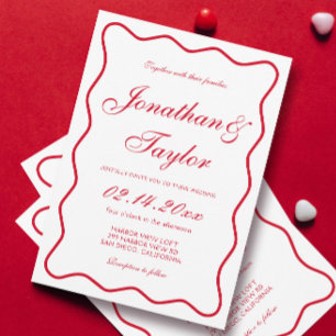 Wavy Script Red and White Valentine Wedding Invitation