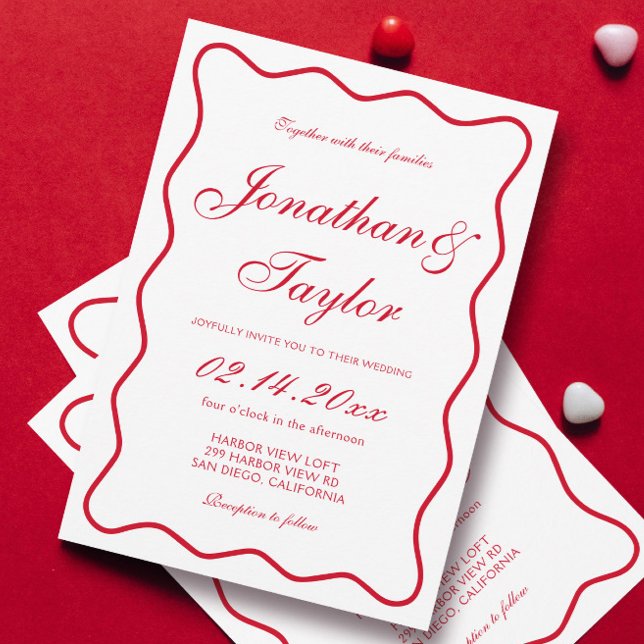 Wavy Script Red and White Valentine Wedding Invitation (Creator Uploaded)