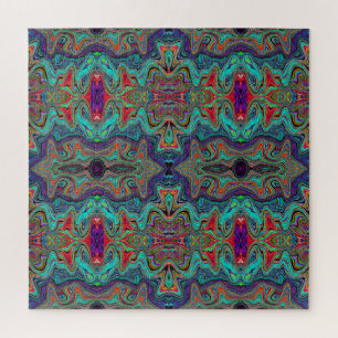Wavy Sea Foam Green and Red Trippy Pattern Jigsaw Puzzle