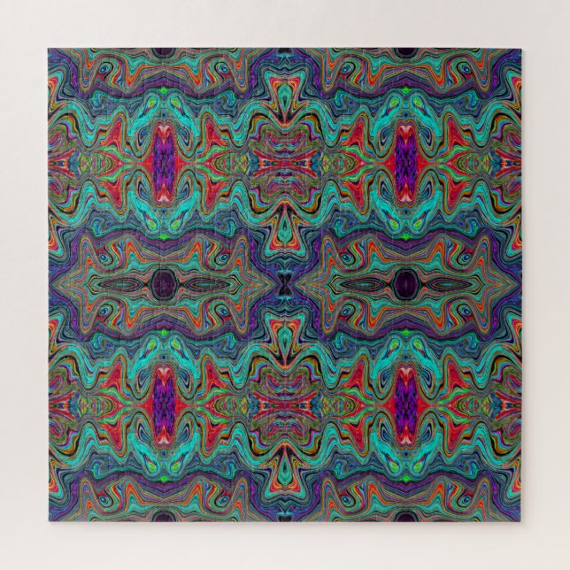 Wavy Sea Foam Green and Red Trippy Pattern Jigsaw Puzzle (Vertical)