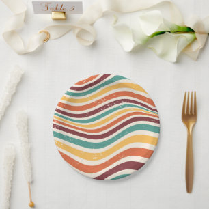 Wavy stripes, grunge. Retro groovy Paper Plate