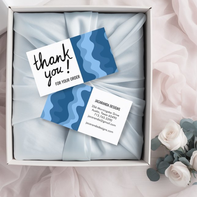 Wavy Stripes Thank You for Your Order Shopping Business Card (Blue stripes thank you note business cards with hand lettering)